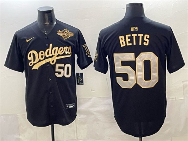 Los Angeles Dodgers #50 Mookie Betts Black Gold 2025 World Series Patch Limited Stitched Jersey