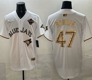 Toronto Blue Jays #47 Addison Barger White Gold 2025 American League Champions Limited Stitched Jersey