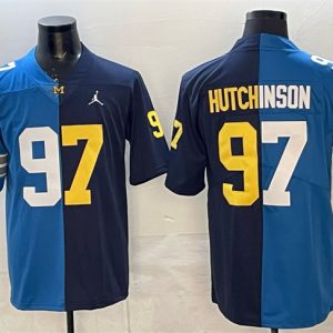 Detroit Lions X Wolverines #97 Aidan Hutchinson Blue Navy Split Vapor Limited Stitched Jersey