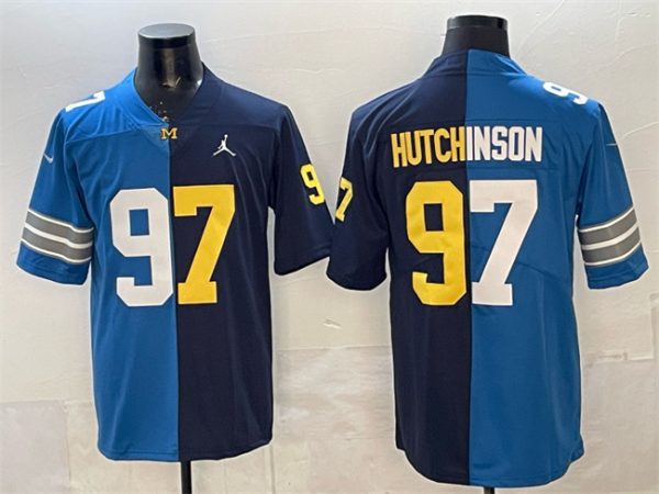 Detroit Lions X Wolverines #97 Aidan Hutchinson Blue Navy Split Vapor Limited Stitched Jersey