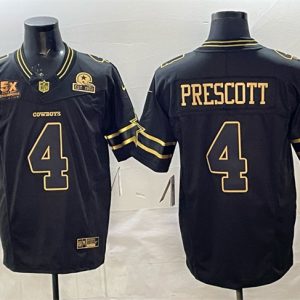 Dallas Cowboys #4 Dak Prescott Black Gold 2025 F.U.S.E. With 5x Super Bowl Champions Established In 1960 Patch Vapor Limited Stitched Jersey