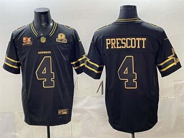 Dallas Cowboys #4 Dak Prescott Black Gold 2025 F.U.S.E. With 5x Super Bowl Champions Established In 1960 Patch Vapor Limited Stitched Jersey
