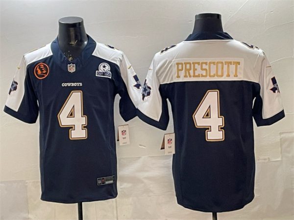 Dallas Cowboys #4 Dak Prescott Navy F.U.S.E. With John Madden Patch Established In 1960 Patch Thanksgiving Vapor Limited Stitched Jersey