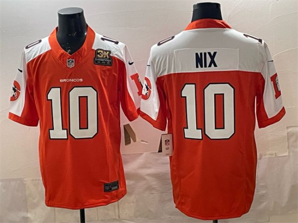 Denver Broncos #10 Bo Nix Orange 2024 F.U.S.E. With 3-Time Champions Patch Throwback Vapor Limited Alternate Stitched Jersey