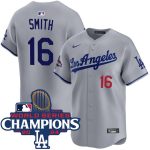 Los Angeles Dodgers #16 Will Smith Gray 2024 World Series Champions Patch Limited Stitched Jersey