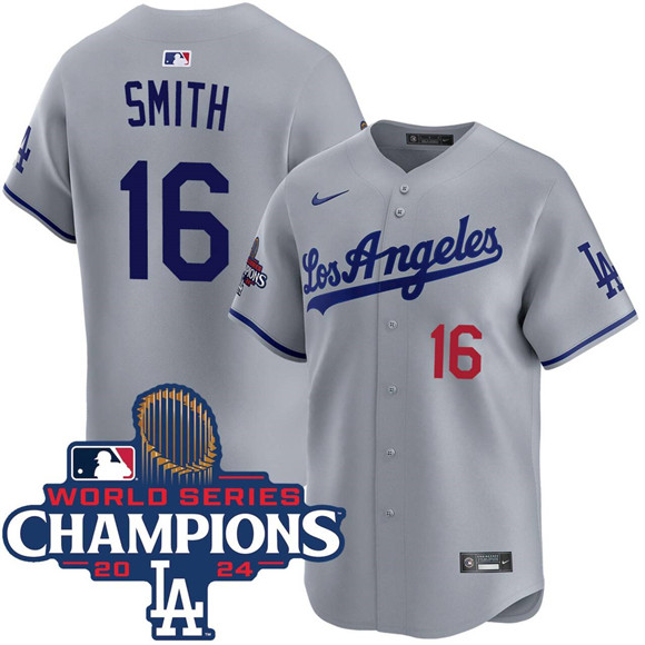 Los Angeles Dodgers #16 Will Smith Gray 2024 World Series Champions Patch Limited Stitched Jersey