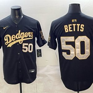 Los Angeles Dodgers #50 Mookie Betts Black Gold 2025 World Series Champions Patch Limited Stitched Jersey