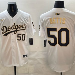 Los Angeles Dodgers #50 Mookie Betts White Gold 2025 World Series Champions Patch Limited Stitched Jersey