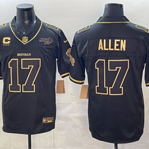 Buffalo Bills #17 Josh Allen Black Gold 2025 F.U.S.E. ¡°Rivalries¡± With Bills Mafia Patch 4-Star C Patch Vapor Limited Stitched Jersey