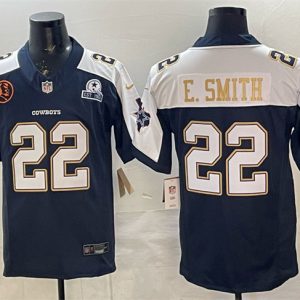 Dallas Cowboys #22 Emmitt Smith Navy F.U.S.E. With John Madden Patch Established In 1960 Patch Thanksgiving Vapor Limited Stitched Jersey