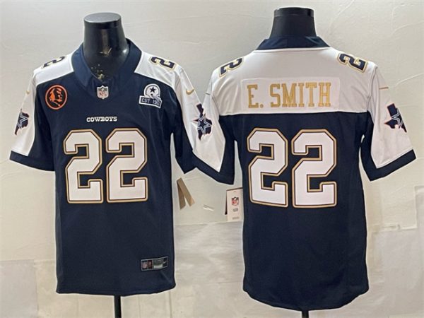 Dallas Cowboys #22 Emmitt Smith Navy F.U.S.E. With John Madden Patch Established In 1960 Patch Thanksgiving Vapor Limited Stitched Jersey