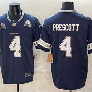 Dallas Cowboys #4 Dak Prescott Navy F.U.S.E. With 5x Super Bowl Champions Established In 1960 Patch Vapor Limited Stitched Jersey
