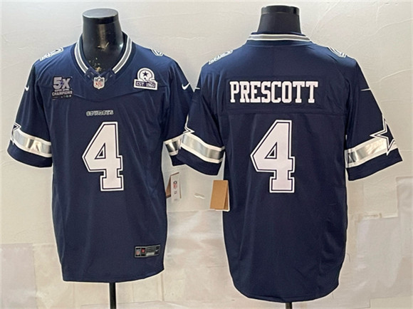 Dallas Cowboys #4 Dak Prescott Navy F.U.S.E. With 5x Super Bowl Champions Established In 1960 Patch Vapor Limited Stitched Jersey