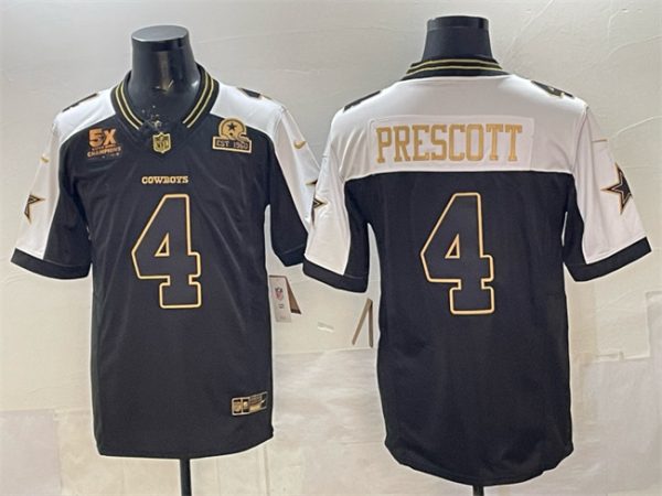 Dallas Cowboys #4 Dak Prescott Black Gold 2025 F.U.S.E. With 5x Super Bowl Champions Established In 1960 Patch Vapor Limited Stitched Jersey