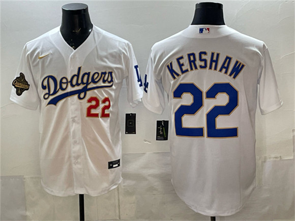 Los Angeles Dodgers #22 Clayton Kershaw White 2025 World Series Champions Patch Stitched Jersey