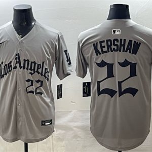 Los Angeles Dodgers #22 Clayton Kershaw Grey LA Gothic Style With 2025 World Series Champions Patch Limited Stitched Jersey