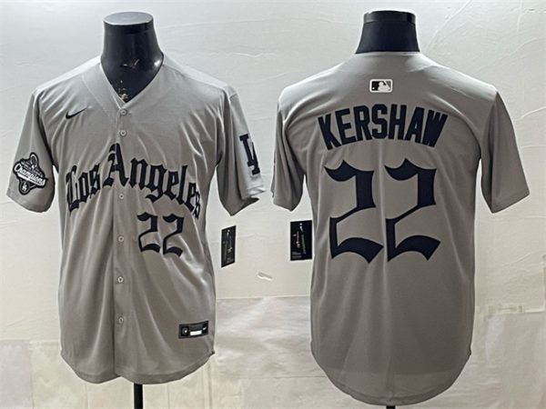 Los Angeles Dodgers #22 Clayton Kershaw Grey LA Gothic Style With 2025 World Series Champions Patch Limited Stitched Jersey