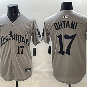 Los Angeles Dodgers #17 Shohei Ohtani Grey LA Gothic Style With 2025 World Series Champions Patch Limited Stitched Jersey