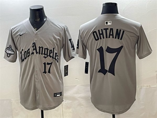 Los Angeles Dodgers #17 Shohei Ohtani Grey LA Gothic Style With 2025 World Series Champions Patch Limited Stitched Jersey