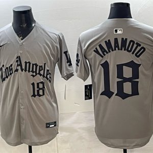 Los Angeles Dodgers #18 Yoshinobu Yamamoto Grey LA Gothic Style With 2025 World Series Champions Patch Limited Stitched Jersey