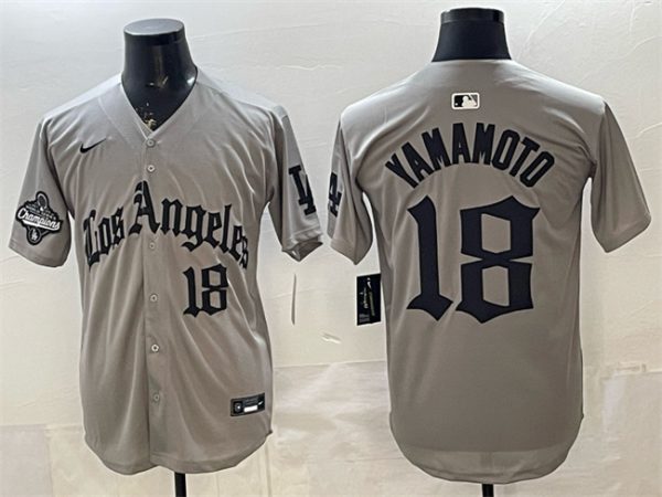 Los Angeles Dodgers #18 Yoshinobu Yamamoto Grey LA Gothic Style With 2025 World Series Champions Patch Limited Stitched Jersey