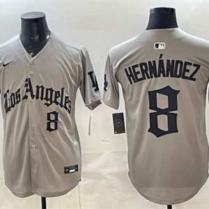 Los Angeles Dodgers #8 Enrique Hern¨¢ndez Grey LA Gothic Style With 2025 World Series Champions Patch Limited Stitched Jersey