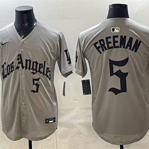 Los Angeles Dodgers #5 Freddie Freeman Grey LA Gothic Style With 2025 World Series Champions Patch Limited Stitched Jersey