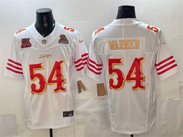 San Francisco 49ers #54 Fred Warner White Gold 2025 F.U.S.E. ¡°Rivalries¡± 5x Super Bowl Champions Patch Vapor Limited Stitched Jersey