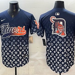 Detroit Tigers Team Big Logo Navy With Patch Vapor Premier Limited Stitched Jersey