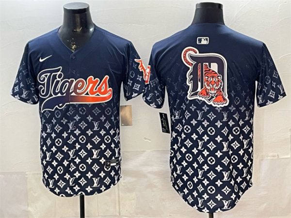 Detroit Tigers Team Big Logo Navy With Patch Vapor Premier Limited Stitched Jersey