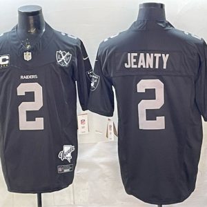 Las Vegas Raiders #2 Ashton Jeanty Black 2025 Draft F.U.S.E. With 4-Star C Patch Nevada Silver Stat Patch And 65th Anniversary Patch Stitched Jersey