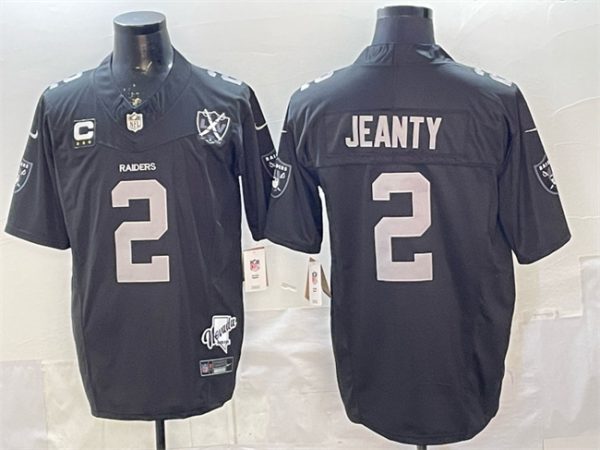 Las Vegas Raiders #2 Ashton Jeanty Black 2025 Draft F.U.S.E. With 4-Star C Patch Nevada Silver Stat Patch And 65th Anniversary Patch Stitched Jersey