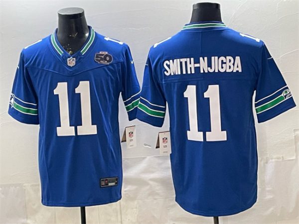 Seattle Seahawks #11 Jaxon Smith-Njigba Royal 2025 F.U.S.E. 50th Season Patch Throwback Vapor Limited Stitched Jersey