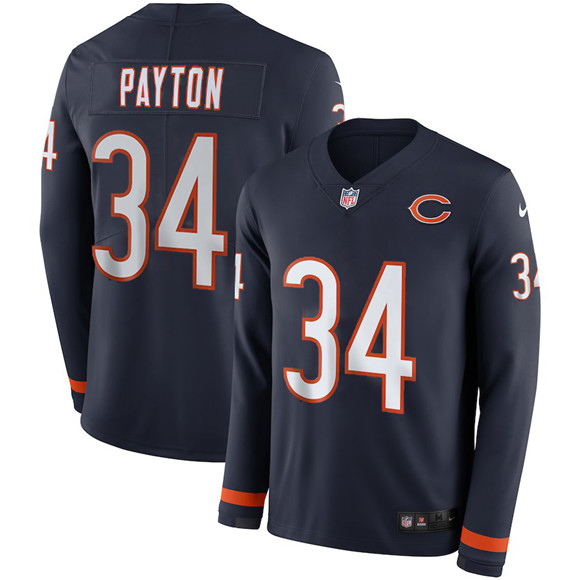 Chicago Bears #34 Walter Payton Navy Therma Long Sleeve Stitched Jersey