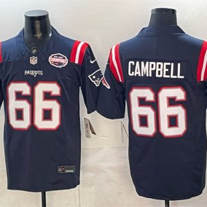 New England Patriots #66 Will Campbell Navy F.U.S.E. 2025 AFC East Championship Patch Vapor Limited Stitched Jersey