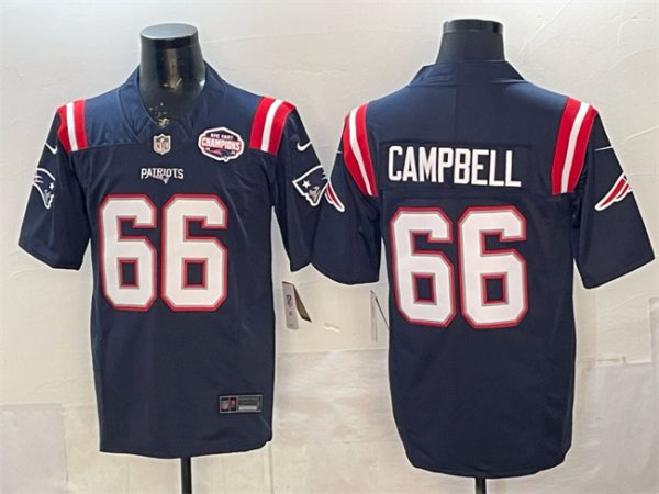 New England Patriots #66 Will Campbell Navy F.U.S.E. 2025 AFC East Championship Patch Vapor Limited Stitched Jersey
