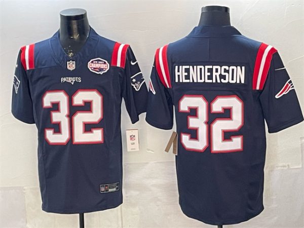New England Patriots #32 TreVeyon Henderson Navy F.U.S.E. 2025 AFC East Championship Patch Vapor Limited Stitched Jersey