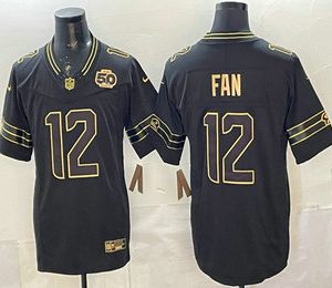 Seattle Seahawks #12 Fan Black Gold 2025 FUSE 50th Season Patch Limited Stitched Jersey