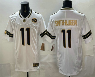 Seattle Seahawks #11 Jaxon Smith-Njigba White Gold 2025 FUSE 50th Season Patch Limited Stitched Jersey