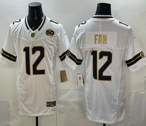 Seattle Seahawks #12 Fan White Gold 2025 FUSE 50th Season Patch Limited Stitched Jersey