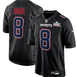 New England Patriots #8 Stefon Diggs Black 2025 Super Bowl LX Patch Carbon Fashion Stitched Game Jersey