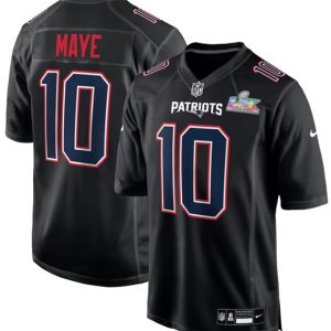 New England Patriots #10 Drake Maye Black 2025 Super Bowl LX Patch Carbon Fashion Stitched Game Jersey