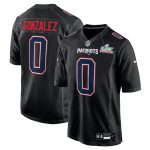 New England Patriots #0 Christian Gonzalez Black 2025 Super Bowl LX Patch Carbon Fashion Stitched Game Jersey