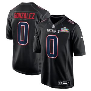 New England Patriots #0 Christian Gonzalez Black 2025 Super Bowl LX Patch Carbon Fashion Stitched Game Jersey