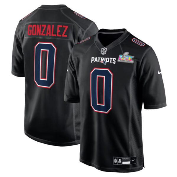New England Patriots #0 Christian Gonzalez Black 2025 Super Bowl LX Patch Carbon Fashion Stitched Game Jersey