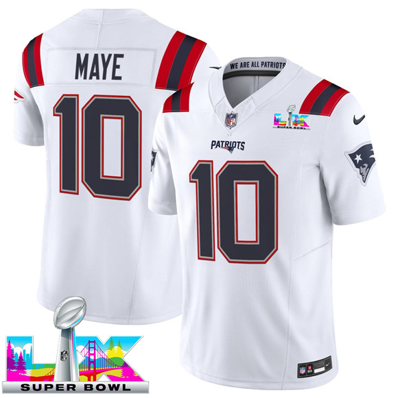 New England Patriots #10 Drake Maye White 2025 F.U.S.E. Super Bowl LX Patch Vapor Limited Stitched Jersey