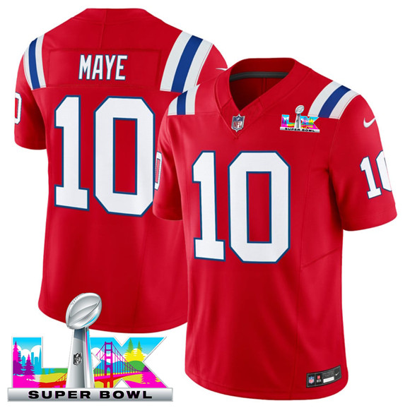New England Patriots #10 Drake Maye Red 2025 F.U.S.E. Super Bowl LX Patch Vapor Limited Stitched Jersey
