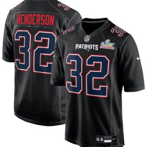 New England Patriots #32 TreVeyon Henderson Black 2025 Super Bowl LX Patch Carbon Fashion Stitched Game Jersey