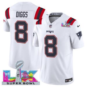 New England Patriots #8 Stefon Diggs White 2025 F.U.S.E. Super Bowl LX Patch Vapor Limited Stitched Jersey