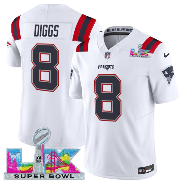New England Patriots #8 Stefon Diggs White 2025 F.U.S.E. Super Bowl LX Patch Vapor Limited Stitched Jersey